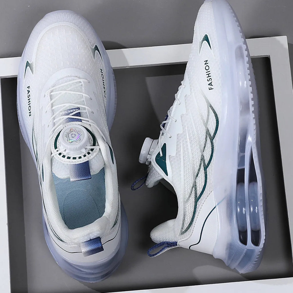 White Korean-style casual sneakers with rotating button closure and mesh upper