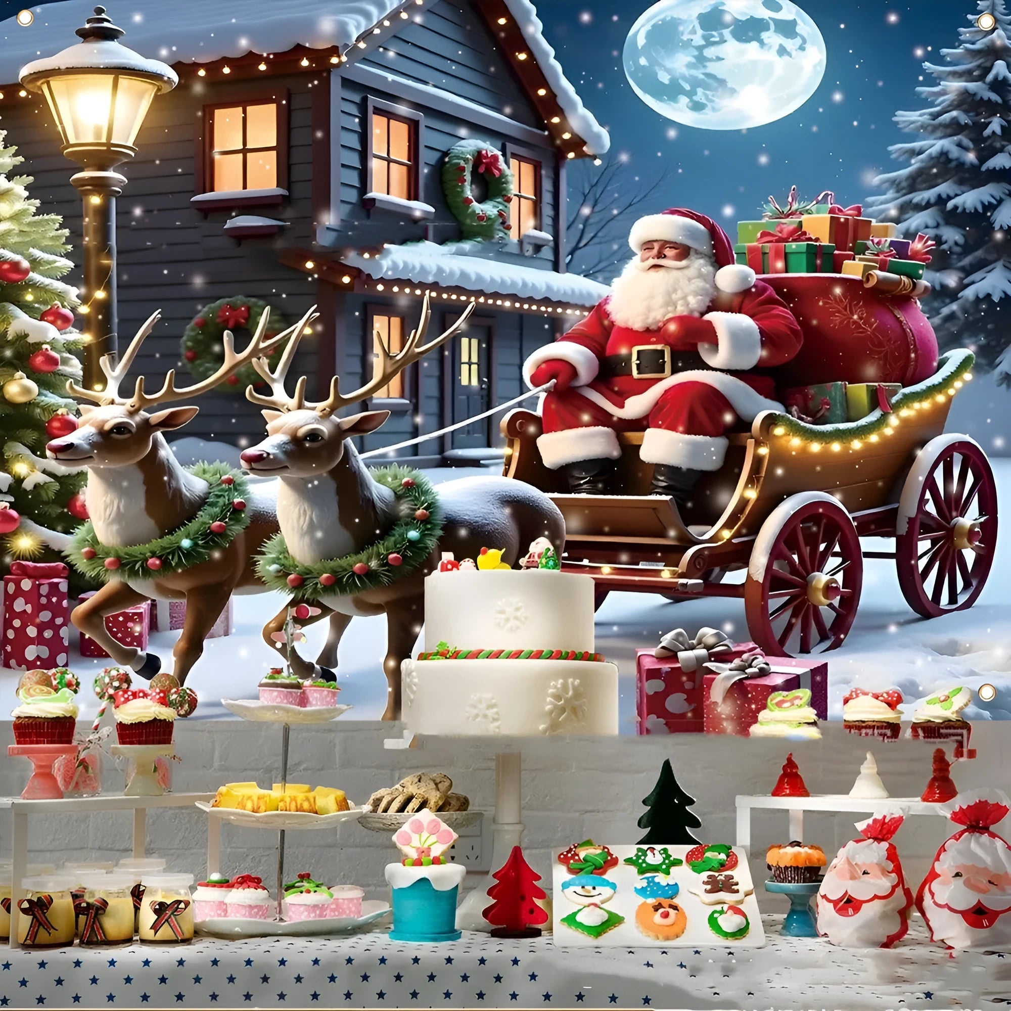 Large rectangular Santa Claus Christmas banner with night scene and gifts on red polyester fabric.