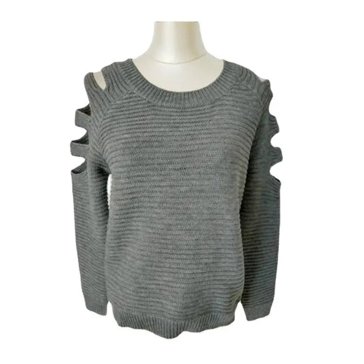 Women's grey rabbit fur hollow-out knitted long sleeve pullover shirt on a hanger.