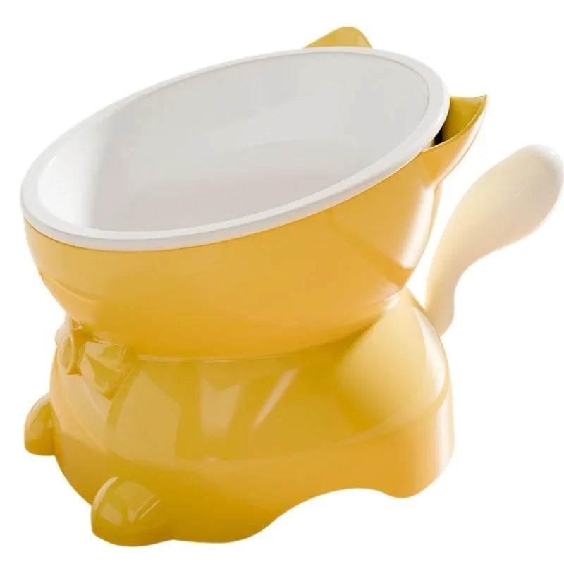 Stainless steel oblique cat bowl with non-slip base in black, blue, pink, or yellow.