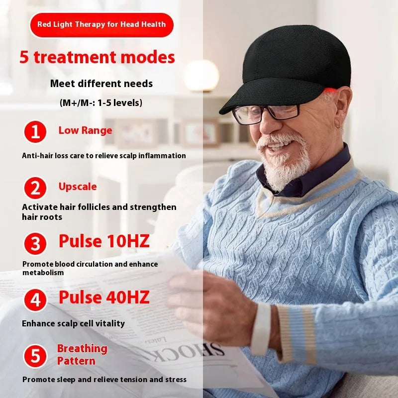 Black infrared peaked cap hair growth device with 180 LED lights and controller for scalp therapy