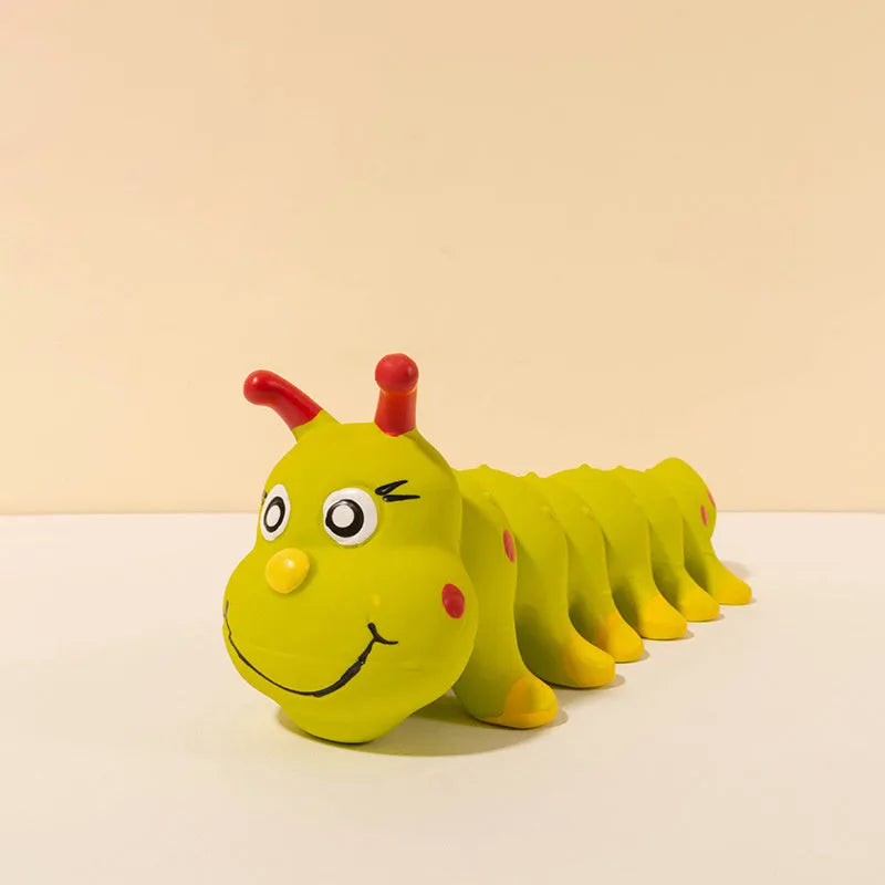 Yellow rubber caterpillar-shaped dog toy with squeaker for small medium breeds