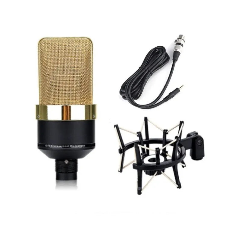 Wired condenser microphone with stand in champagne gold or black gold colour for recording and live singing