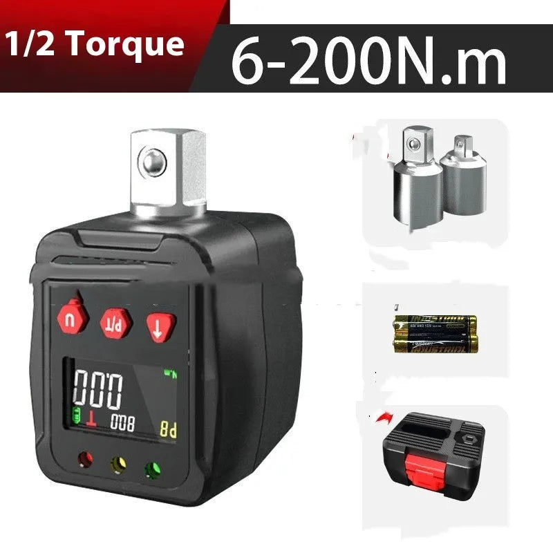 Digital torque meter with 1/2 inch square drive head and LCD display, part of a three-piece metal tool set.
