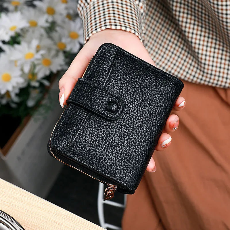 Women's lychee pattern organ short wallet in beige, pink, black, or red solid colour
