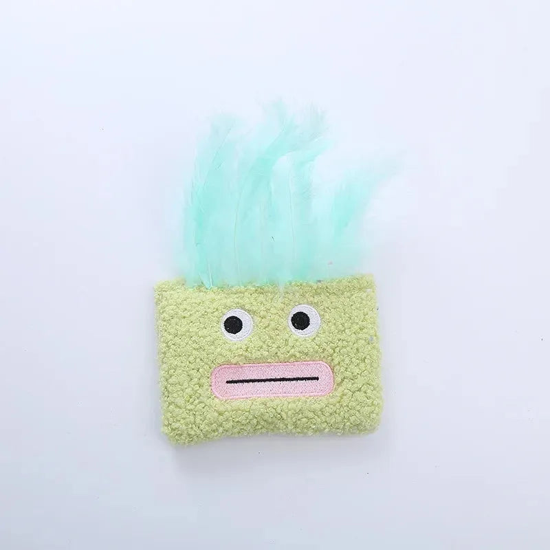 Colourful catnip plush toy with a big mouth explosion head shape in soft fabric