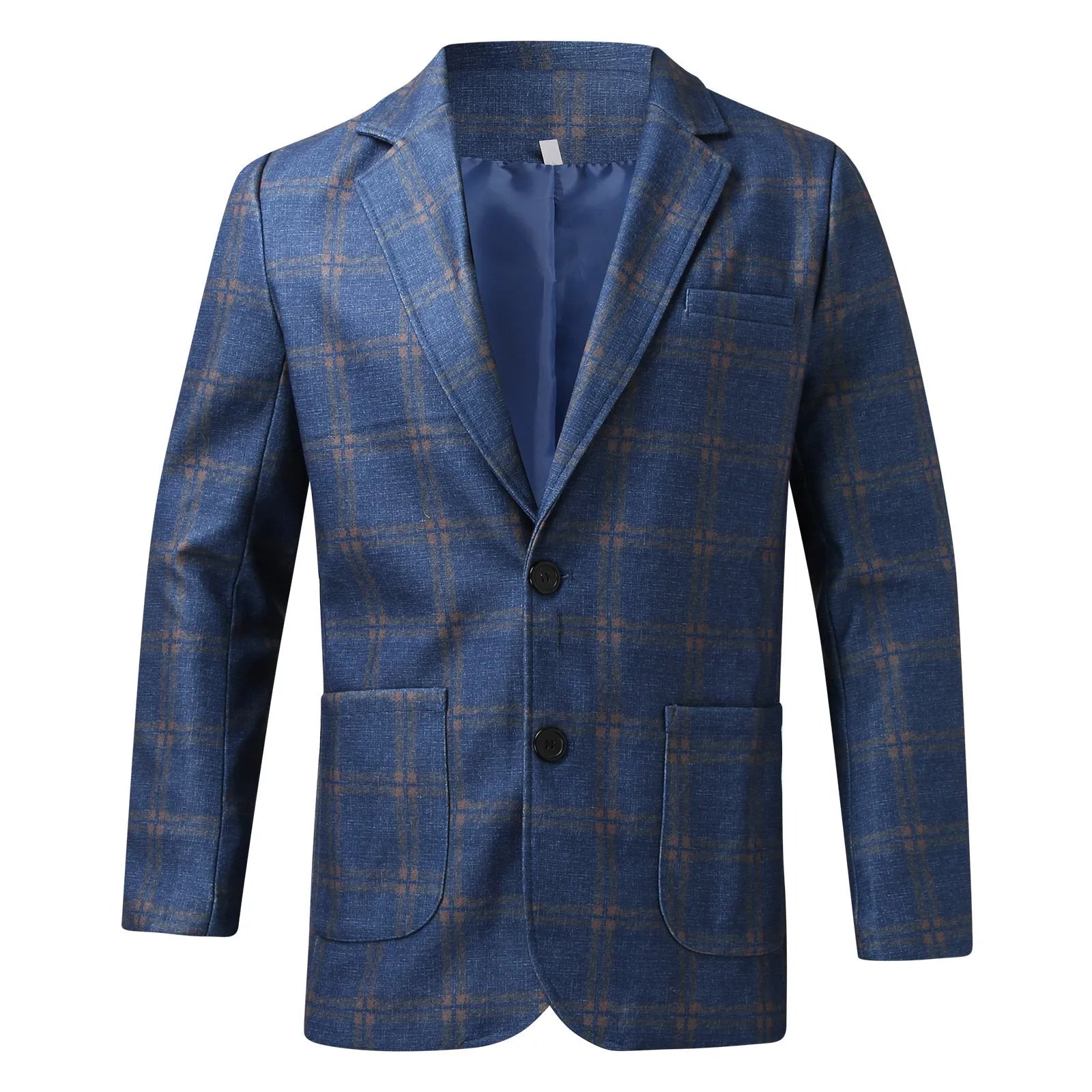 Men's slim fit plaid lapel long sleeve suit coat in blue plaid - polyester woolen business jacket