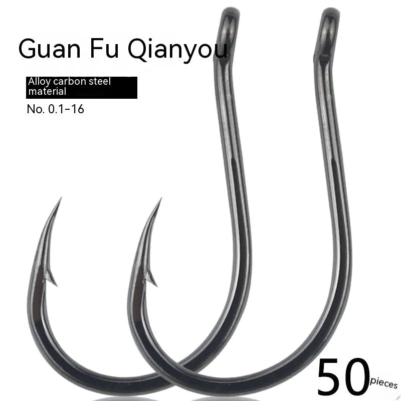 Barbed fishing hooks with hole ring in a bulk pack on a blue background.