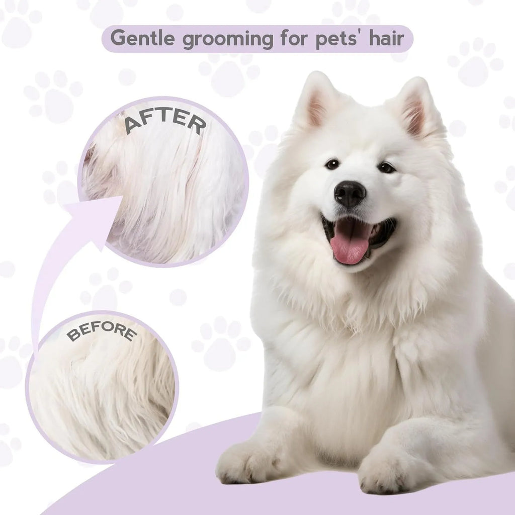 Purple pet detangling comb with stainless steel teeth and ergonomic handle for dog and cat grooming