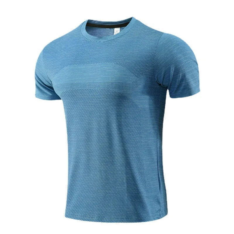 Short-sleeved red running T-shirt made from polyester spandex fabric on a size chart