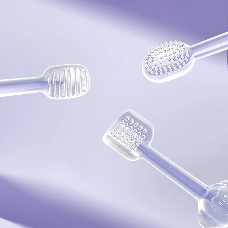 Purple silicone pet toothbrush with soft bristles and small head for cat and dog teeth cleaning