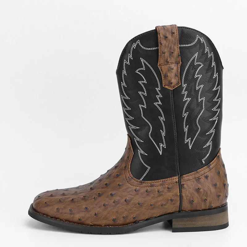 Men's black Western denim motorcycle boots with square toe design and low wedge heel