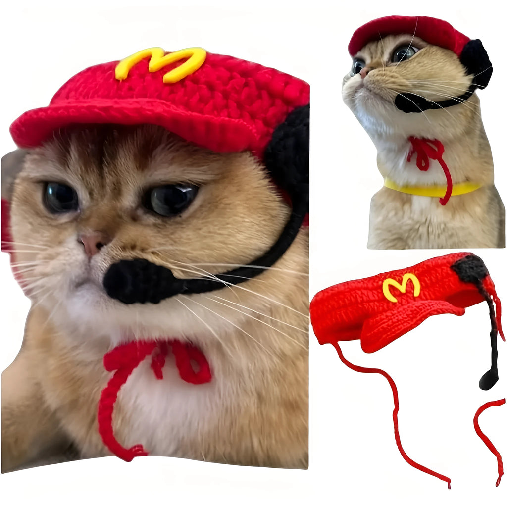 Handmade soft cotton knitted sweater and matching chef hat for a small cat or dog.