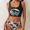 Women's coconut print bikini swimsuit with lace-up design on polyester fabric