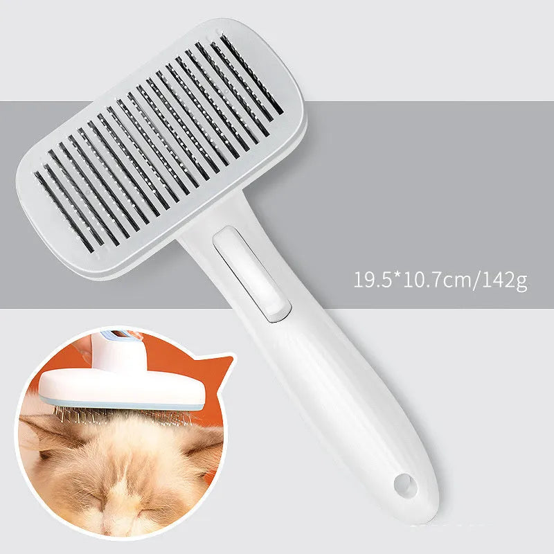 Blue automatic pet hair removal comb with a one-click button, shown on a grey background.