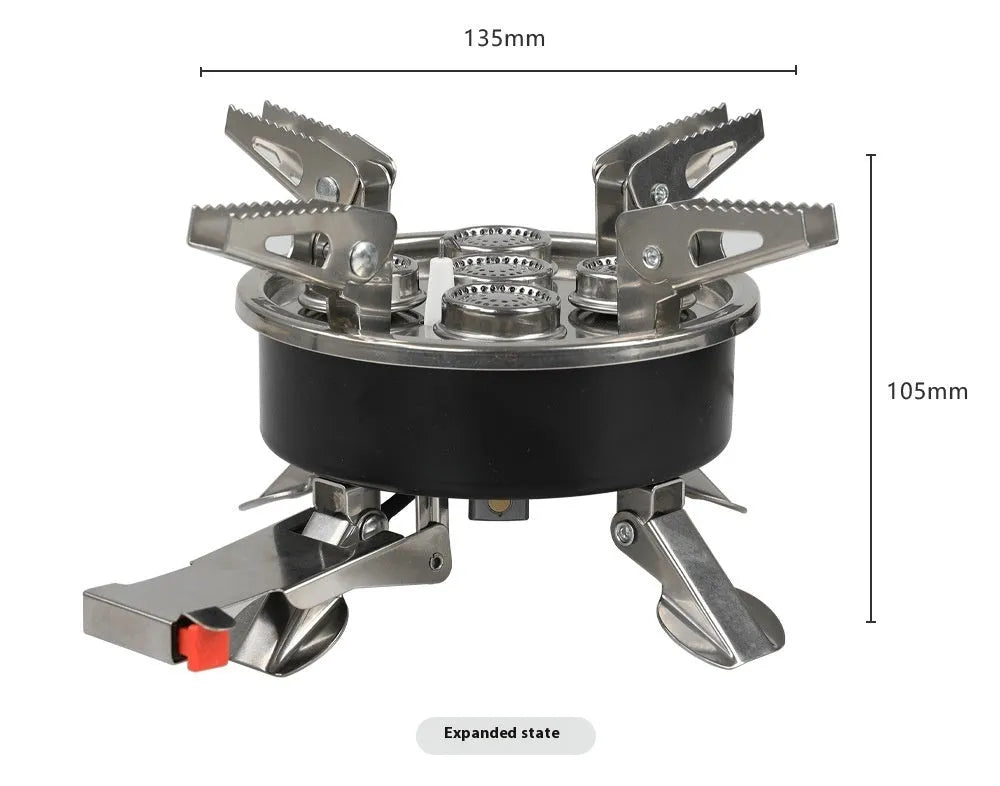 Silver stainless steel portable split camping stove with 100cm hose, folded to 155x125mm