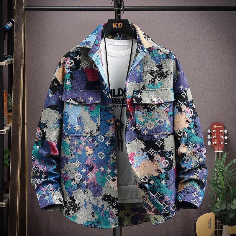 Casual lapel shirt coat in blue with long sleeves and straight hem, suitable for spring and autumn wear