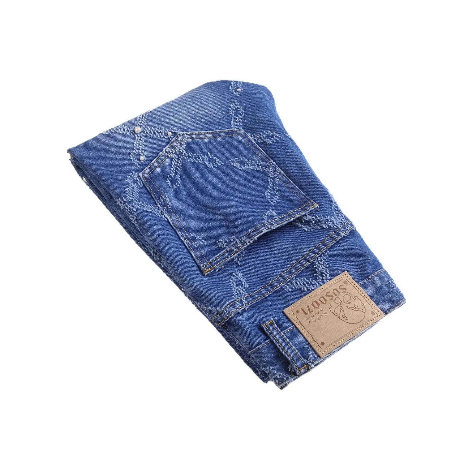Pearl embroidery street trendy denim skinny pants in blue with mid-rise tapered leg and embroidered pearl details.