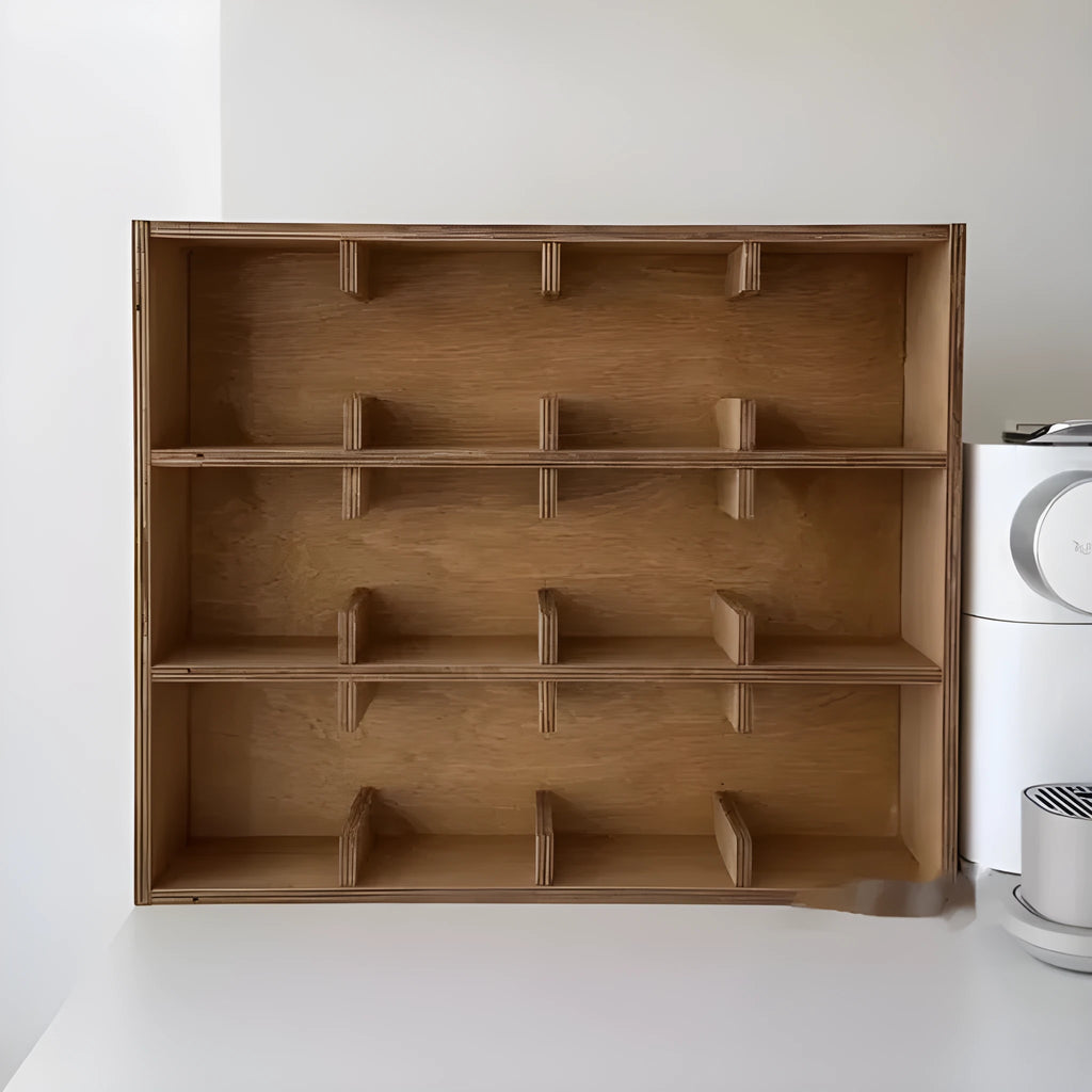 Solid wood square storage rack with multiple grid compartments for cup organisation