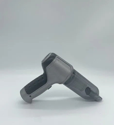 Handheld cordless vacuum cleaner in silver for car interiors and pet hair removal.