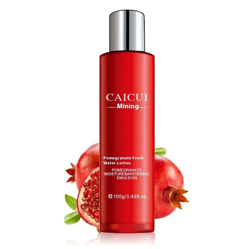 Pomegranate skincare set showing red bottles of face wash, toner, lotion, and facial cream.