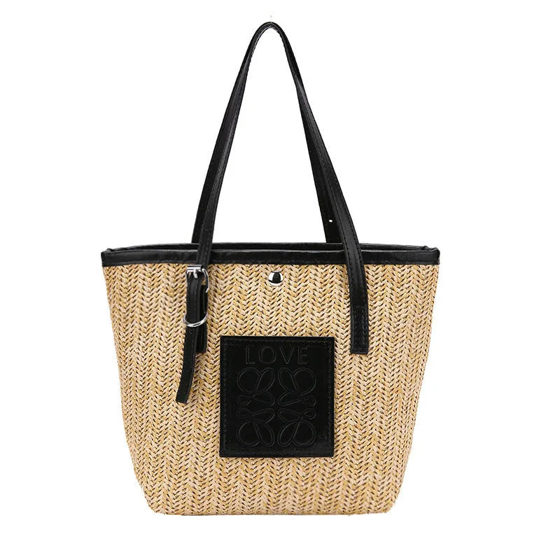 White and black straw woven women's shoulder bag with retro styling and large capacity dimensions