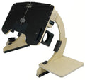 White maple wooden folding laptop table on a bed, set at an adjustable angle.