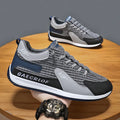 Men's green and grey mesh running shoes with round toe design and front lace-up closure