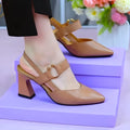 Women's apricot coloured leather sandals with a closed toe, chunky heel, and rubber sole