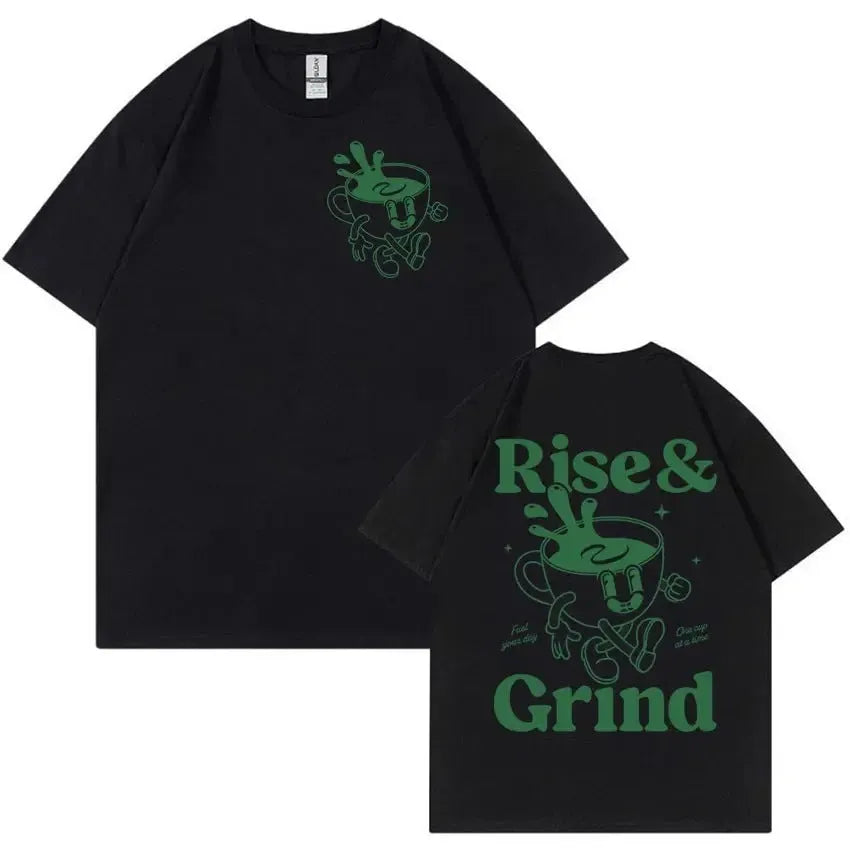Rise And Grind green coffee cartoon print on a loose-fit linen T-shirt in khaki colour