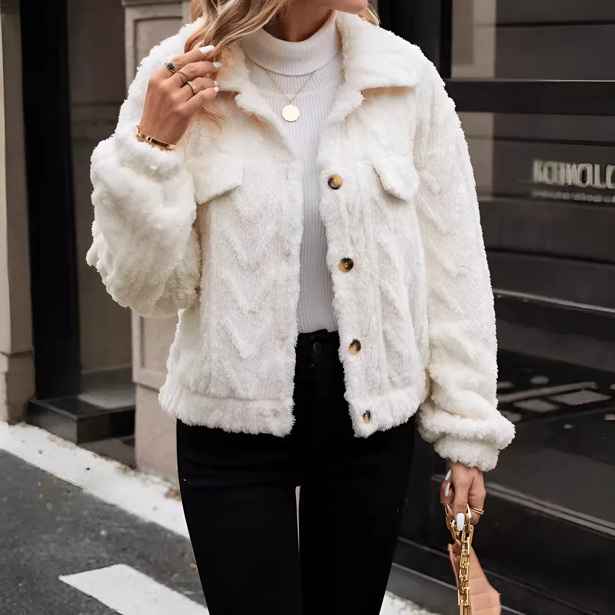 Women's ivory white double-sided plush button cardigan with regular sleeves