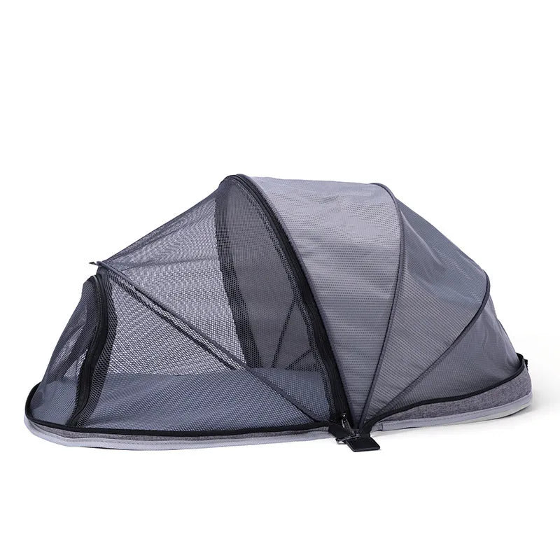 L code portable folding cloth tent for cats, shown with half-mesh panels in blue colour.