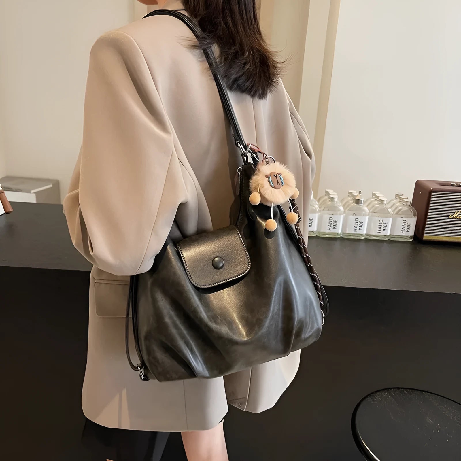 Textured PU leather women's shoulder bag in horizontal square design with single strap