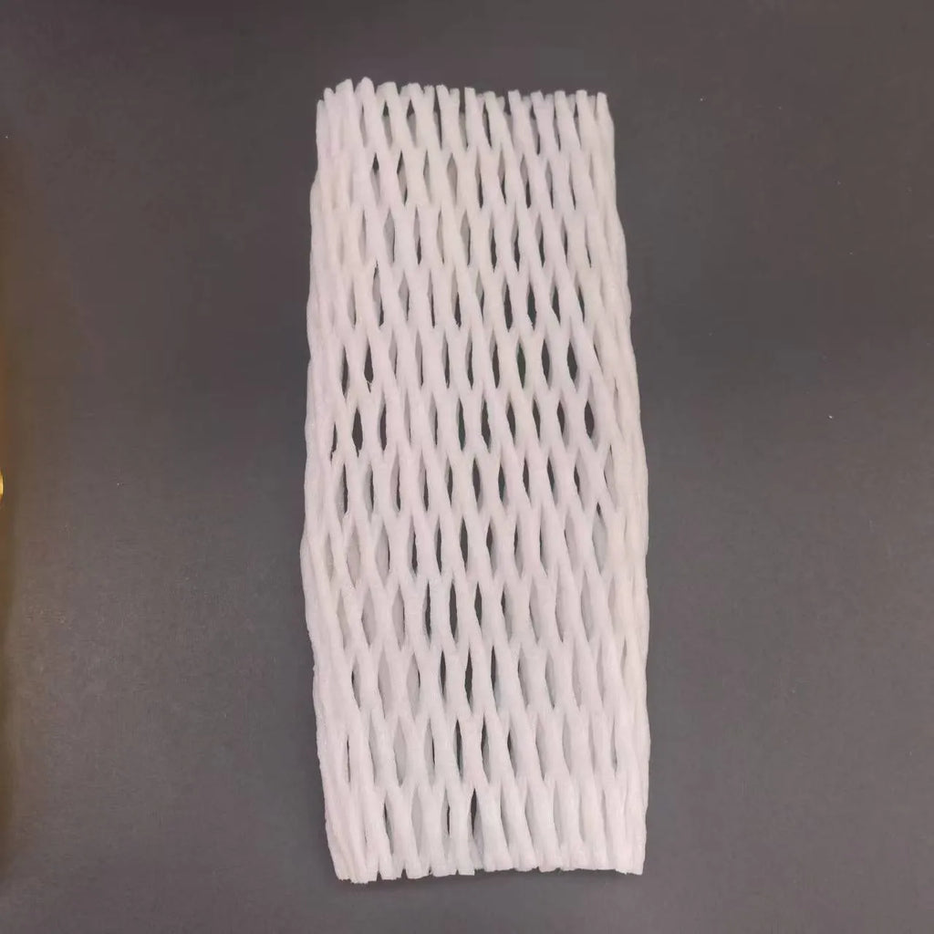 White foam protective net sleeve for fruit and delicate items, shown in multiple sizes.