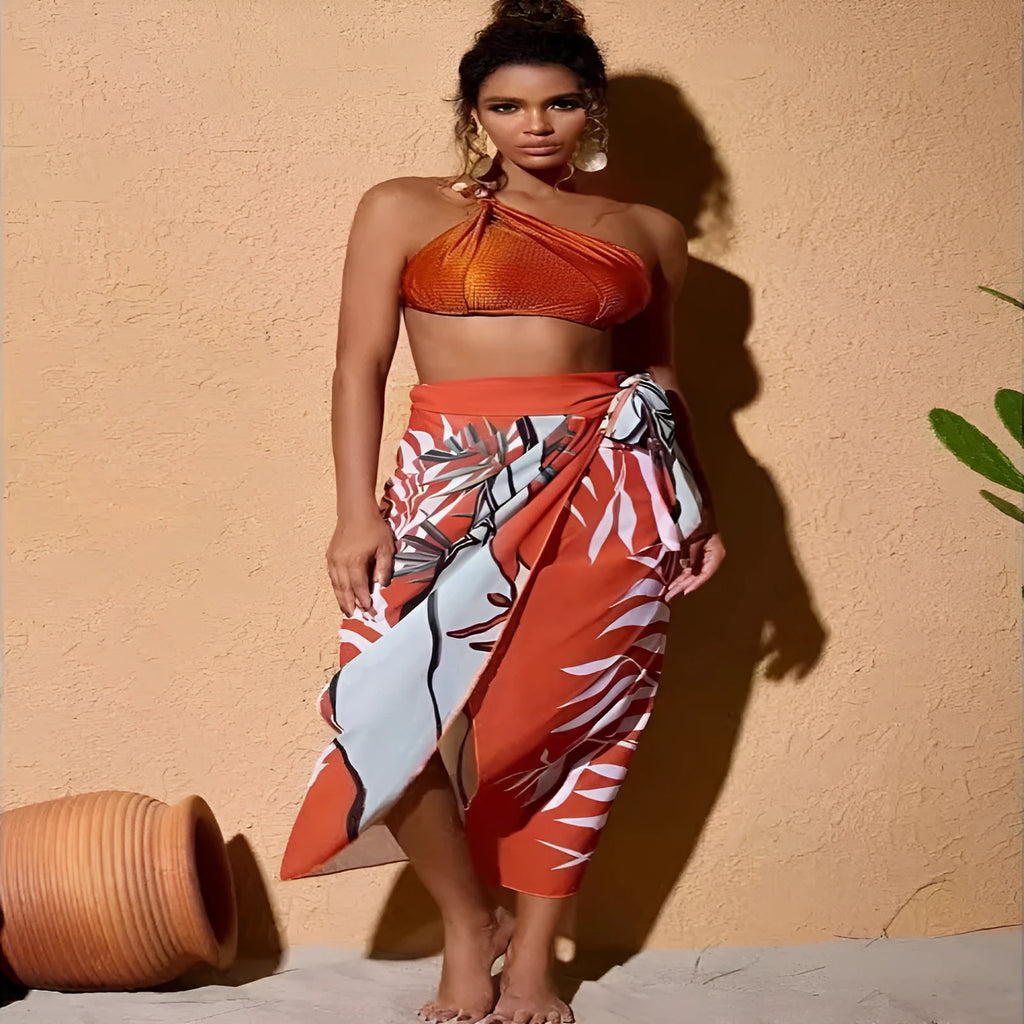 Women's push up high waist bikini swimsuit with chiffon dress cover-up in three colour options