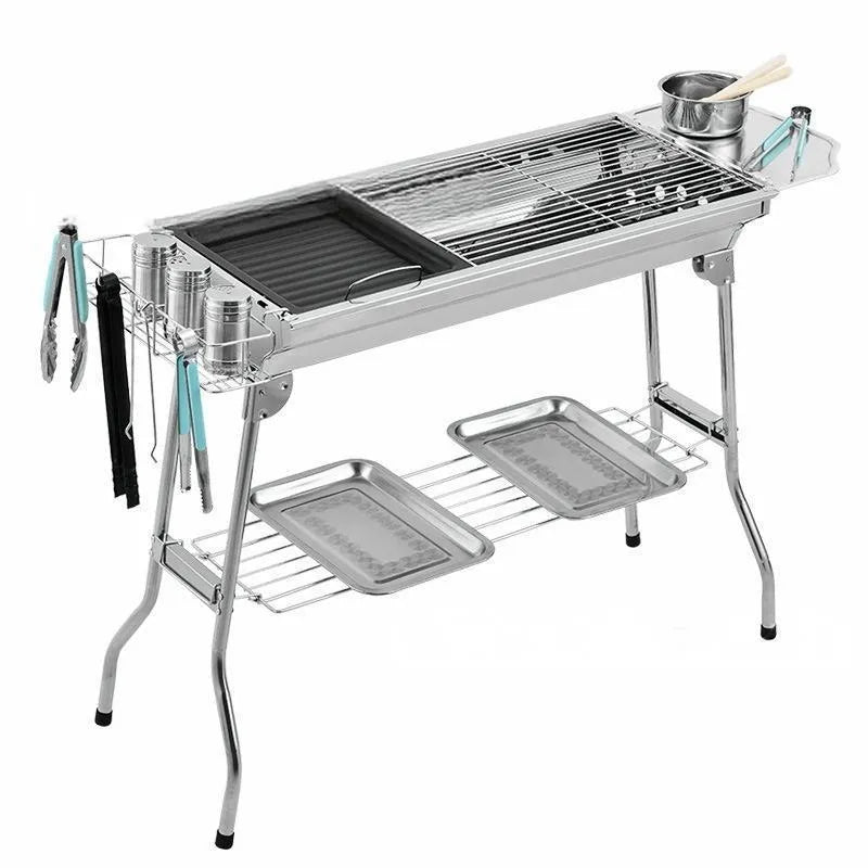 Large stainless steel turnover barbecue oven with charcoal stove and cooking accessories