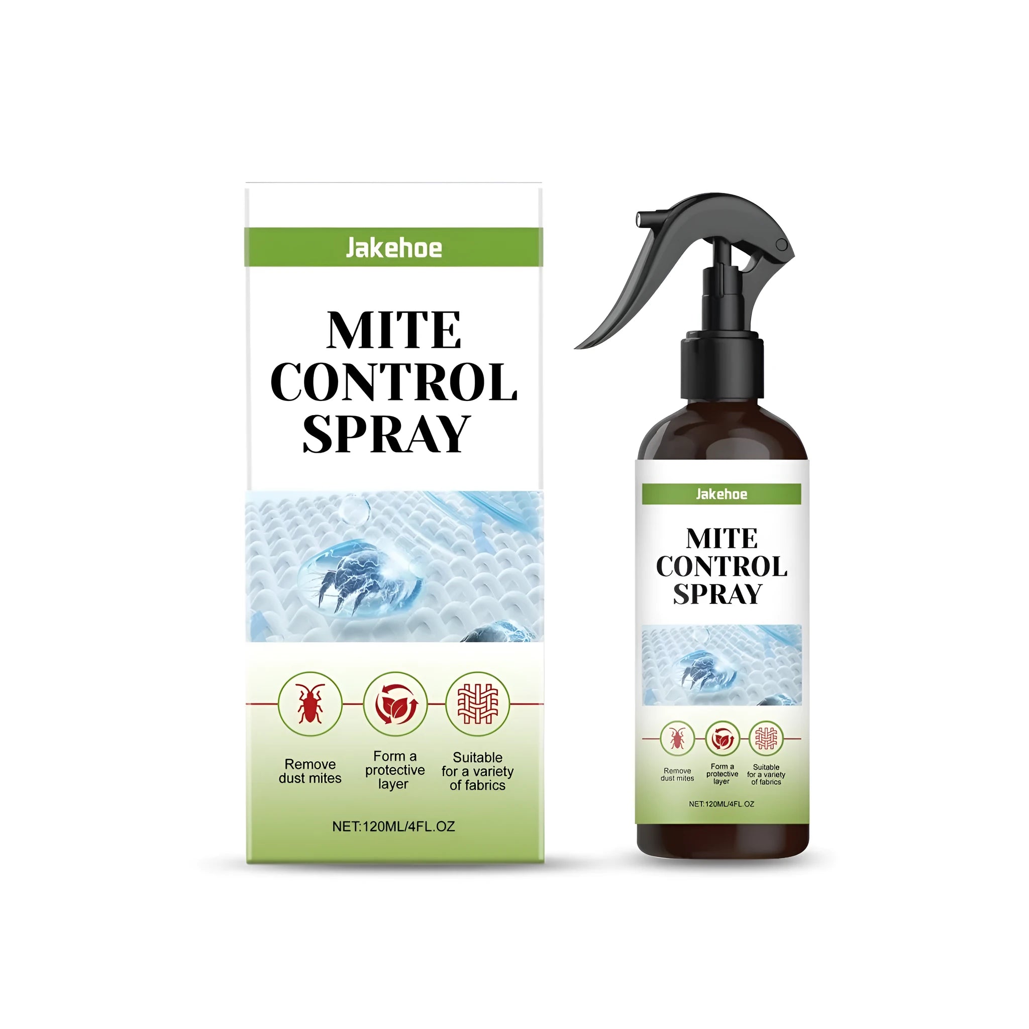120ml bottle of mite control spray with ingredients listed on label.