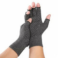 Grey half-finger joint compression gloves with anti-slip palm grip.