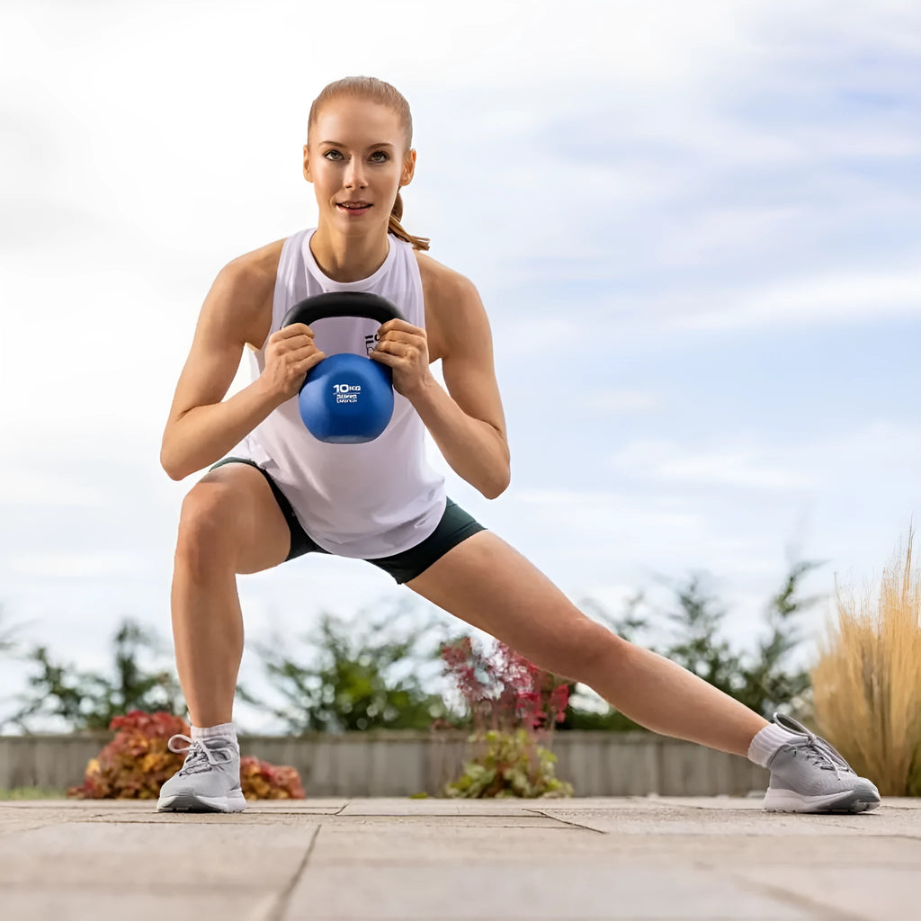 Blue cast iron teapot-style dumbbell on a solid background, showing its 10kg weight and one-piece design.
