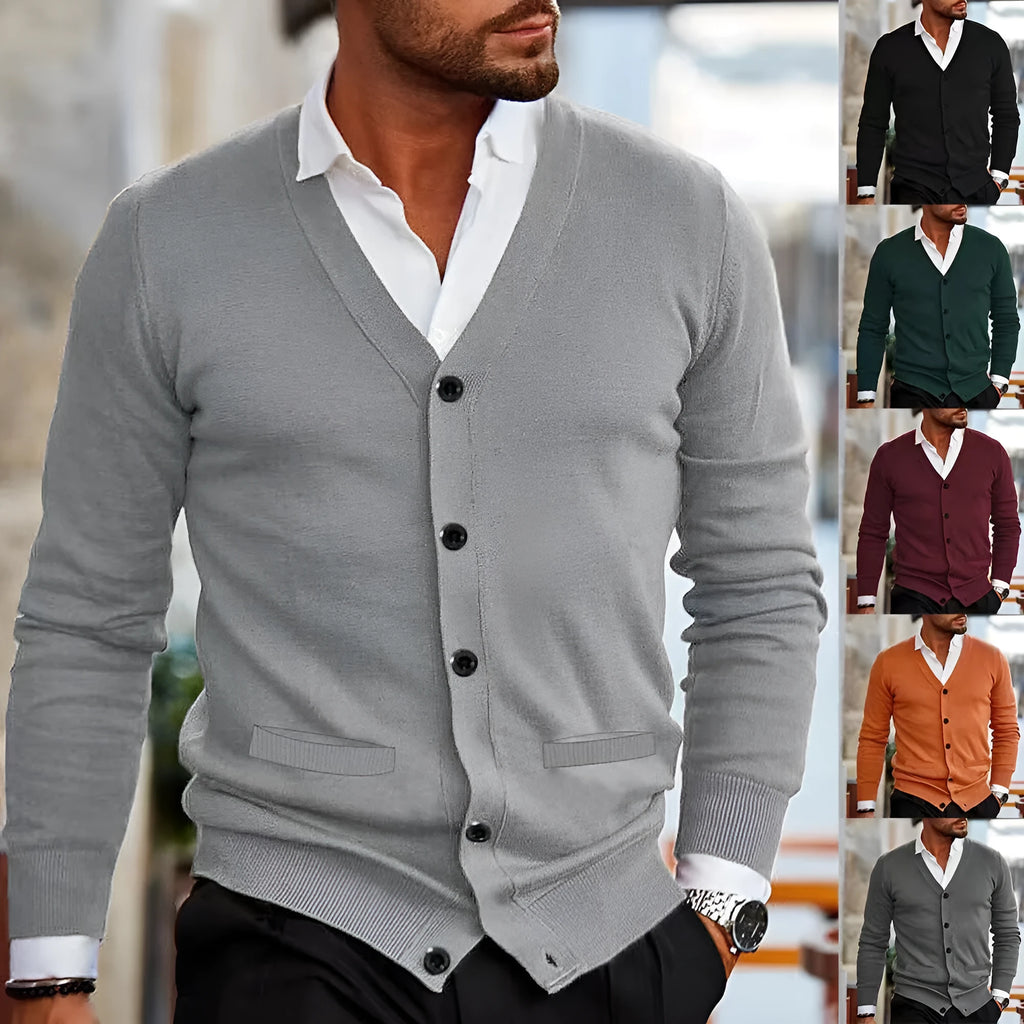 Men's slim-fit acrylic cardigan sweater in dark grey colour on a hanger