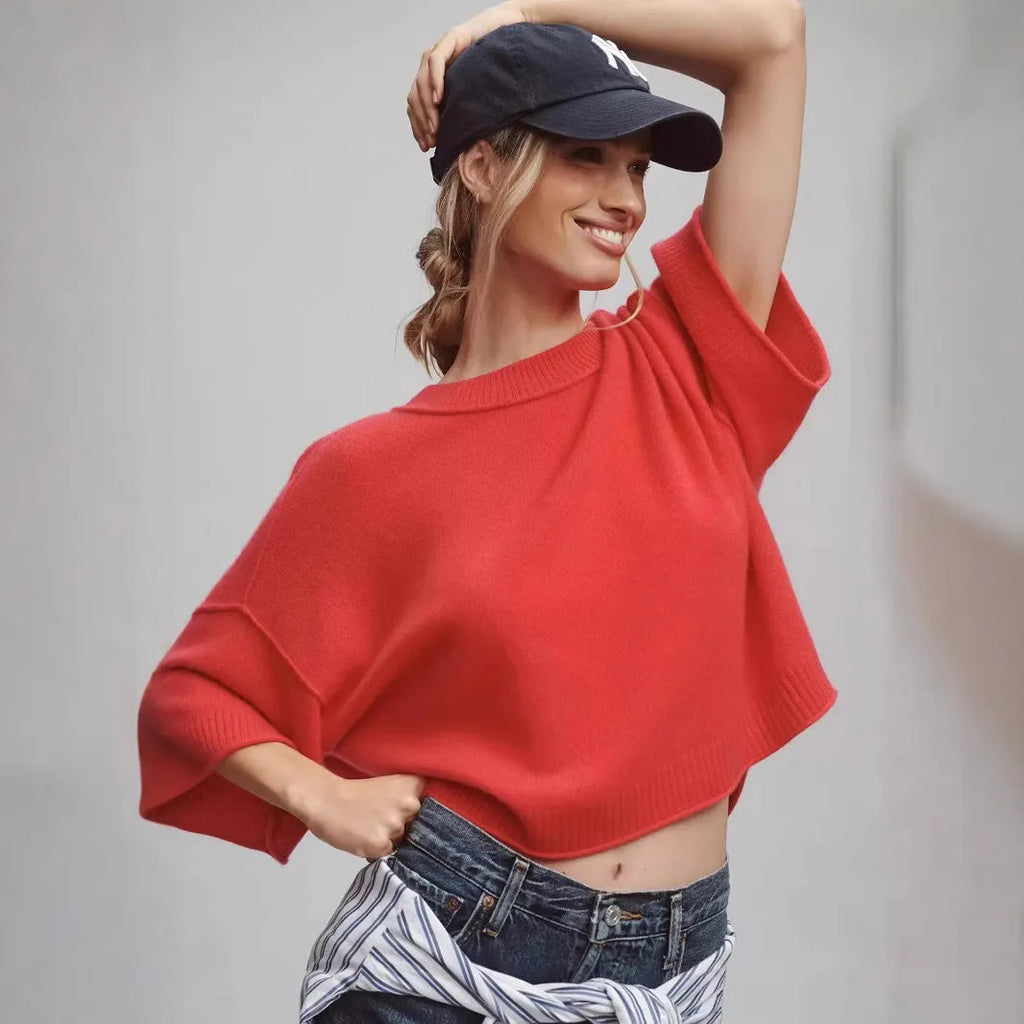 Red viscose fibre Hot Girl style t-shirt with exposed navel design on a mannequin