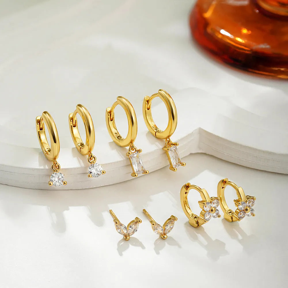 Copper geometric earring set with star and quadrilateral designs in gold or silver electroplated finish