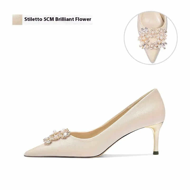 French wedding crystal bridal high heels with rhinestones on cloth upper, available in stiletto or cat heel styles