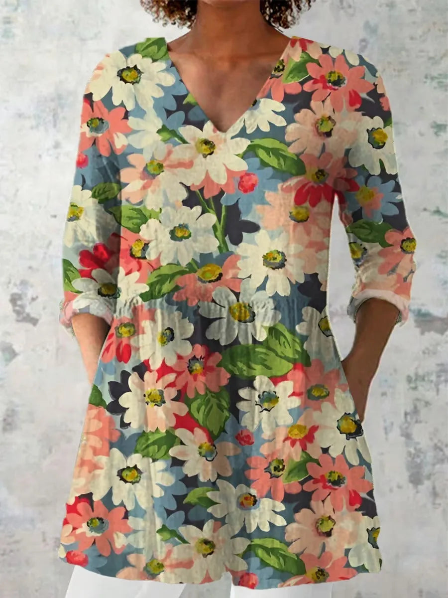 Women's retro style slim fit long-sleeved top with a printed design, shown in one of 12 available colours.