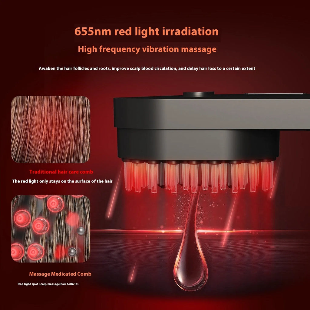 Pink and black smart massage comb with red light therapy for hair care, measuring under 10cm