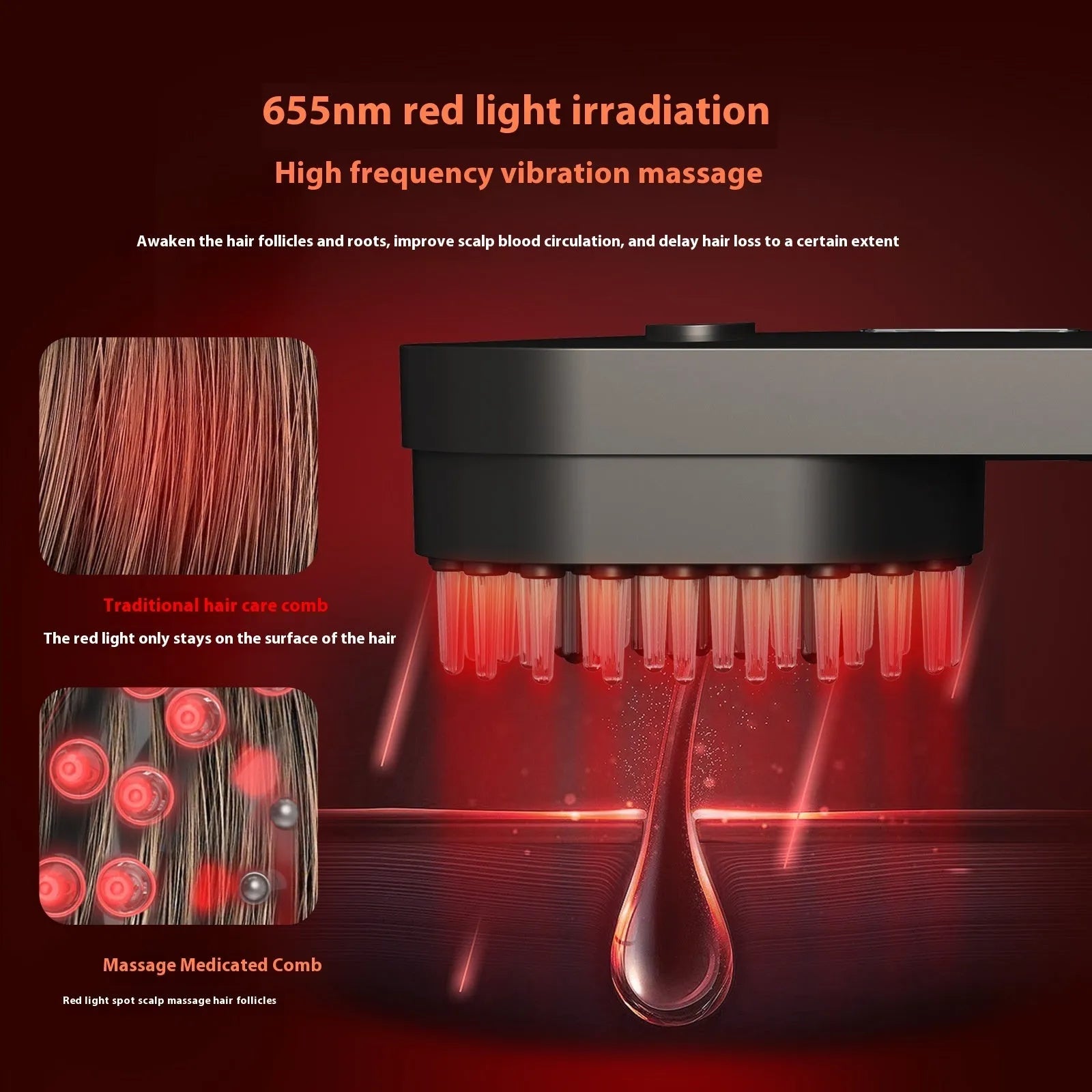 Pink and black smart massage comb with red light therapy for hair care, measuring under 10cm