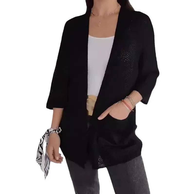 Women's thin waffle knit cardigan coat with nine-quarter sleeves and pockets in army green colour