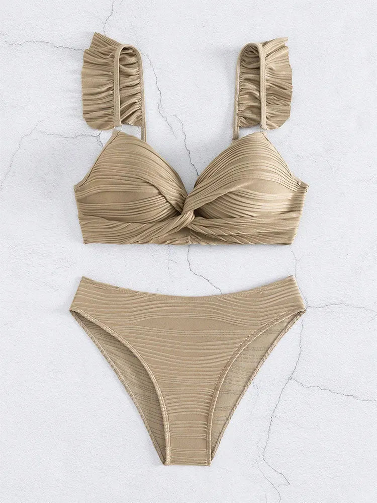 Women's solid colour bikini swimsuit set in black or khaki options