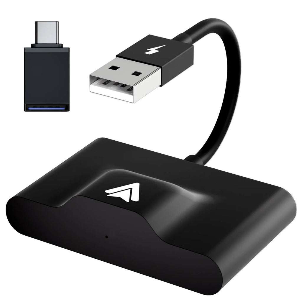 Wireless Android Auto adaptor for cars, shown in black, next to a car USB port.