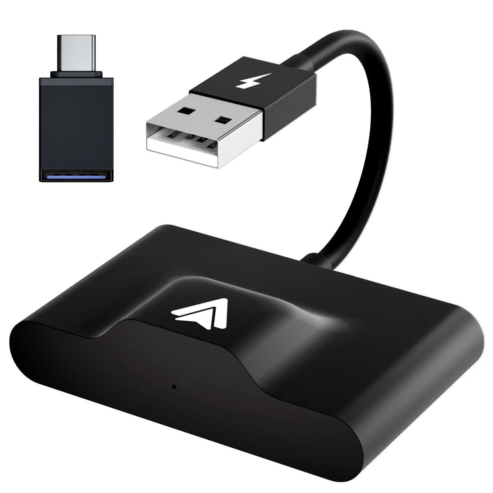 Wireless Android Auto adaptor for cars, shown in black, next to a car USB port.
